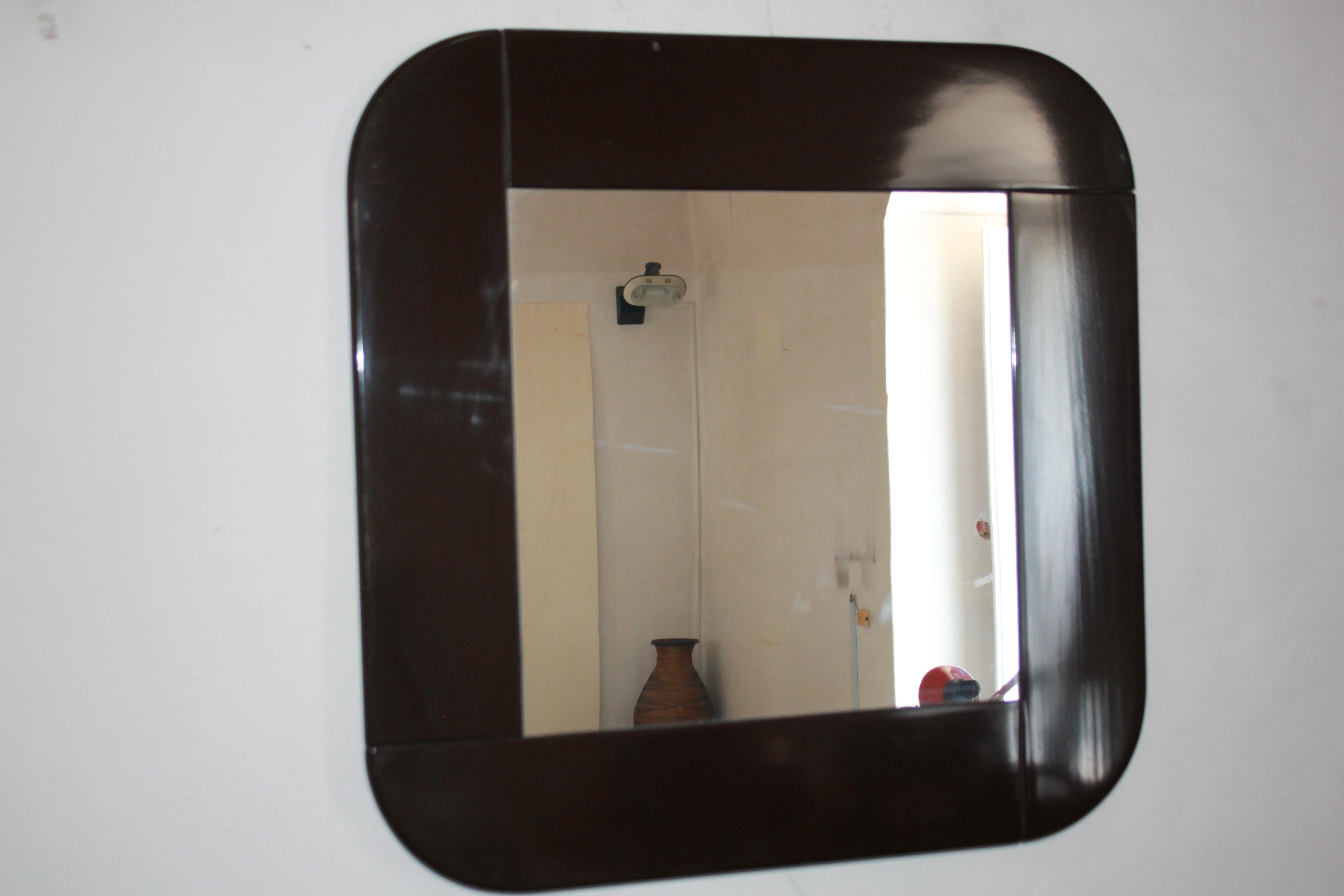Italian Modern Dark Brown Square Wall Mirror, Italy 1980s For Sale 1
