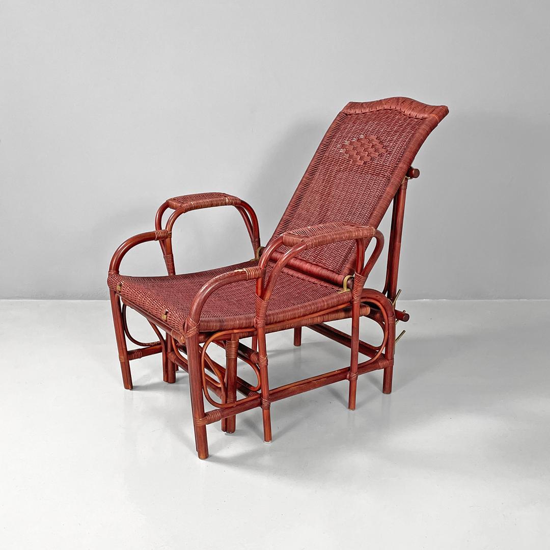 Modern Italian modern dark red rattan armchair 981 with footrest by Bonacina, 1980s For Sale