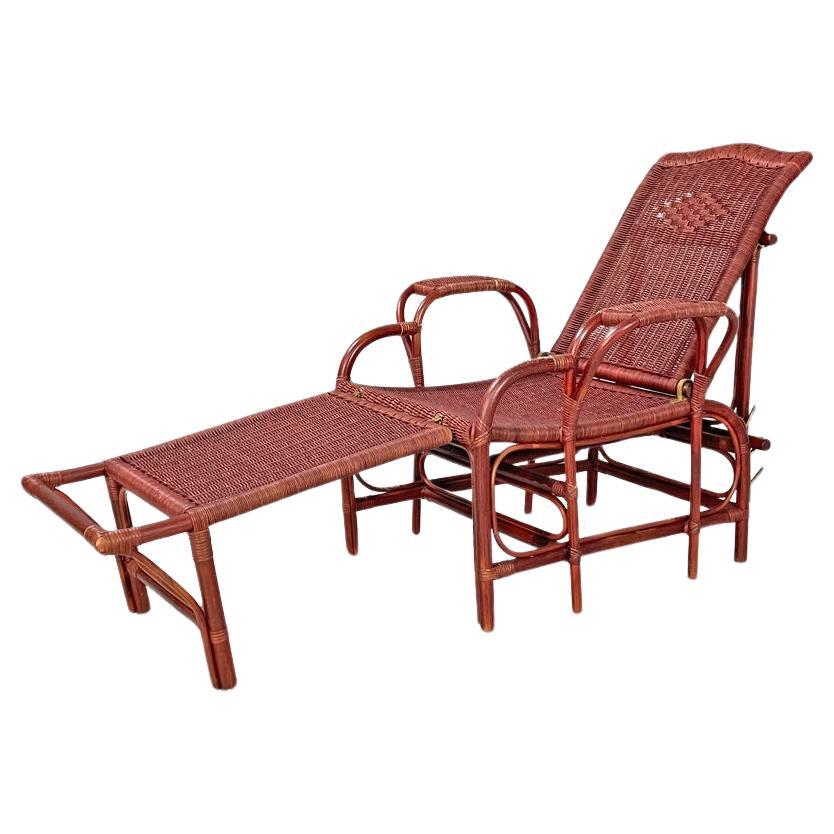 Italian modern dark red rattan armchair 981 with footrest by Bonacina, 1980s For Sale