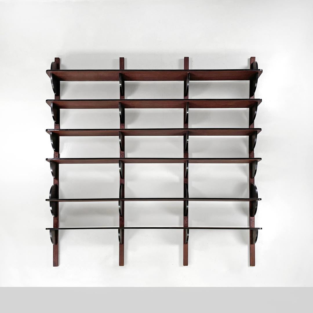 Modern Italian modern dark wood wall bookcase with black plastic details, 1980s For Sale