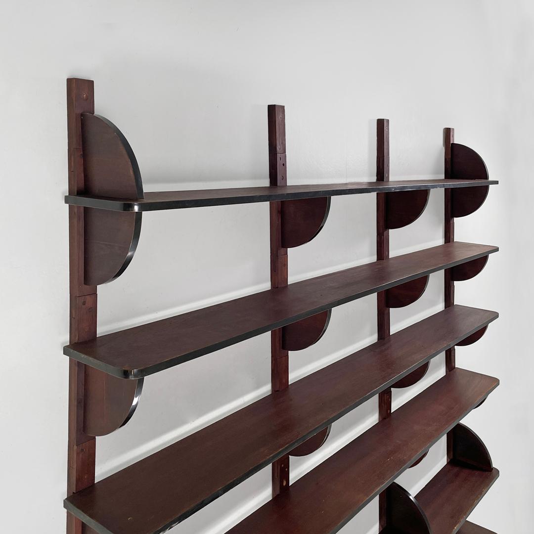 Plastic Italian modern dark wood wall bookcase with black plastic details, 1980s For Sale