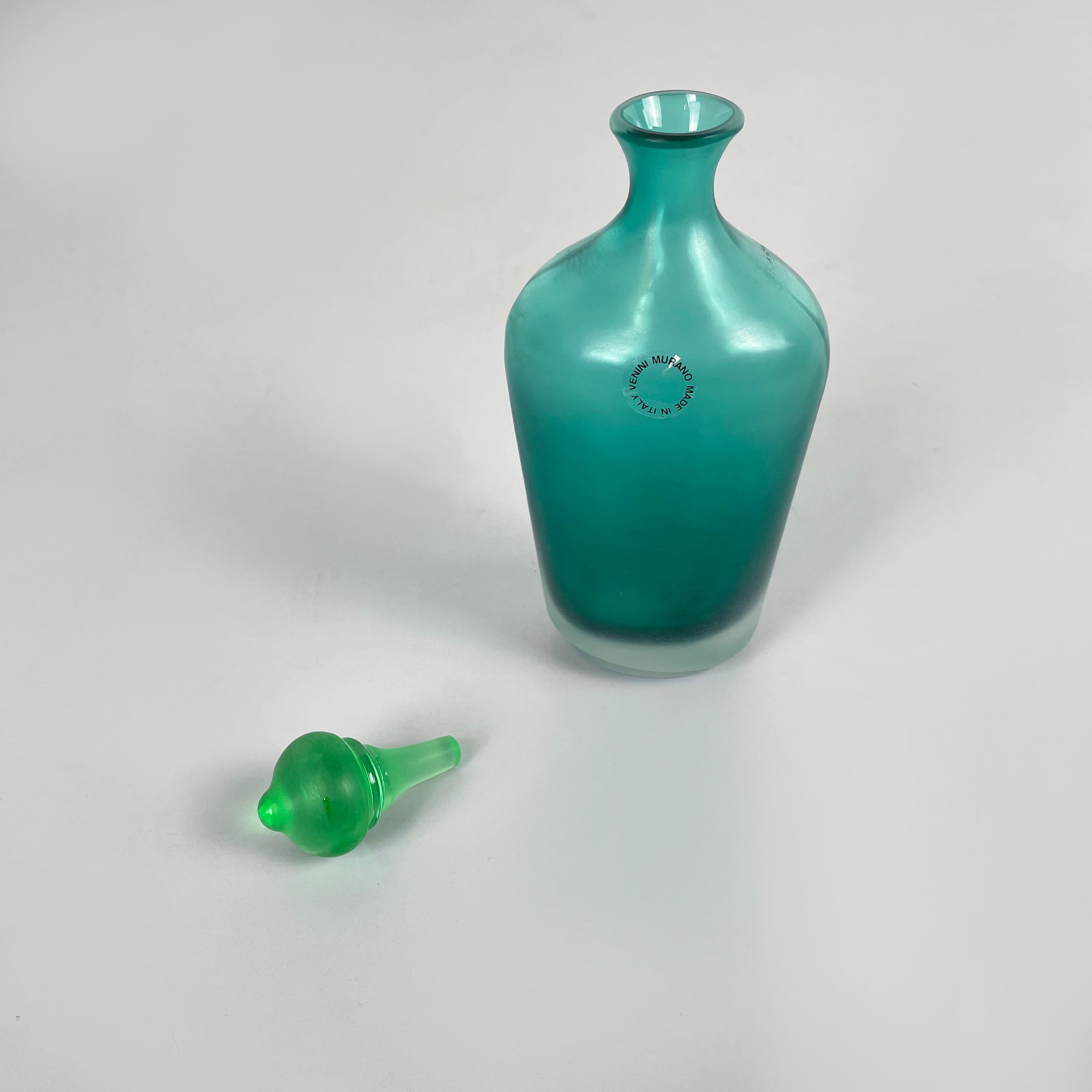 Late 20th Century Italian modern Decorative bottle with cap in green Murano glass by Venini, 1990s