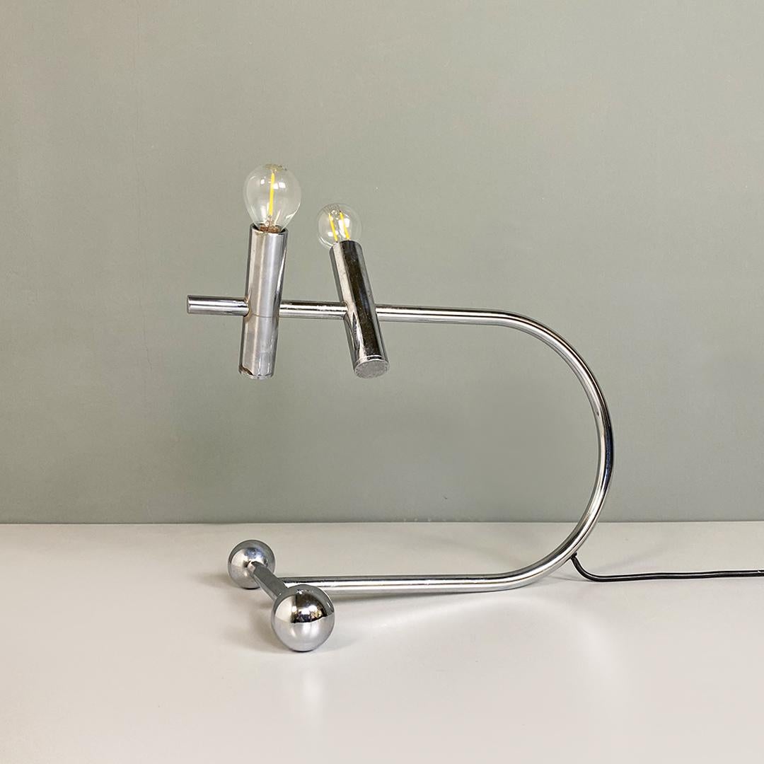 Italian Modern Decorative Chromed Steel, Two Lights Table Lamp, 1970s In Good Condition For Sale In MIlano, IT