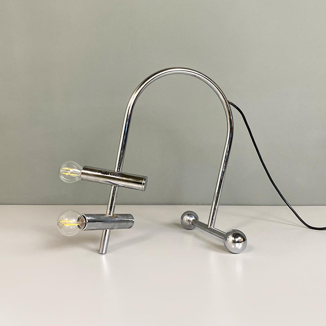 Late 20th Century Italian Modern Decorative Chromed Steel, Two Lights Table Lamp, 1970s For Sale
