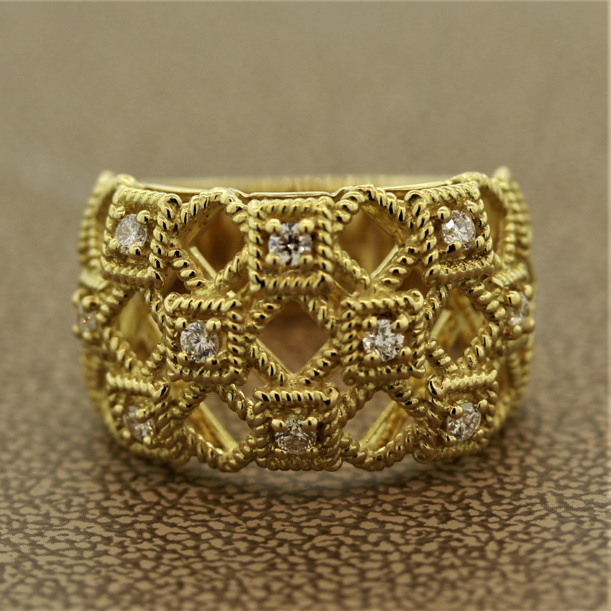 A unique Italian made piece featuring 10 round brilliant cut diamonds weighing a total of 0.38 carats. They are set in 18k yellow gold squares and separated by alternating geometric squares making a stylish pattern. Made in 18k yellow gold.

Ring