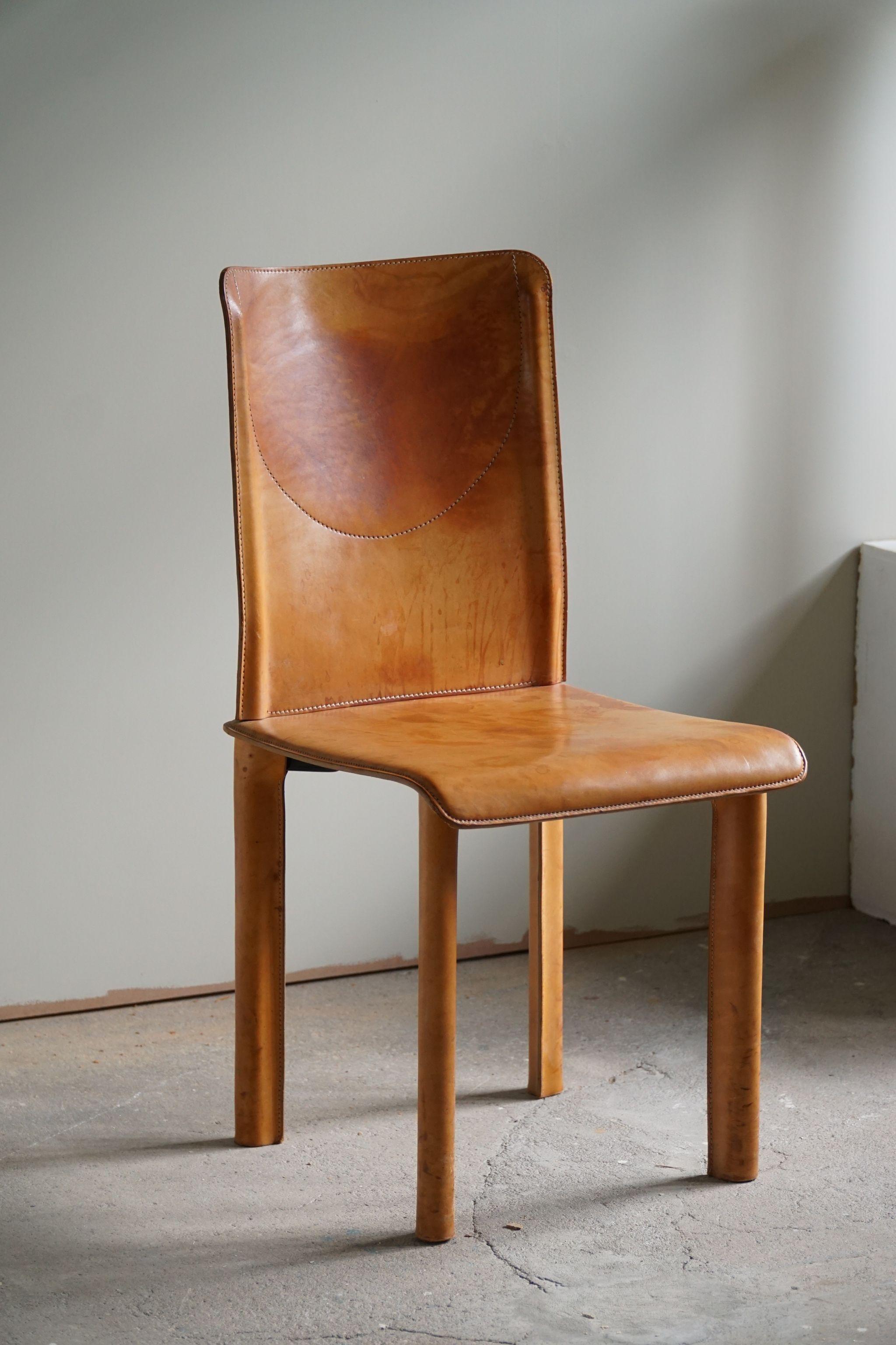 Art Deco Italian Modern, Dining Chair in Patinated Cognac Leather, Mario Bellini, 1970s