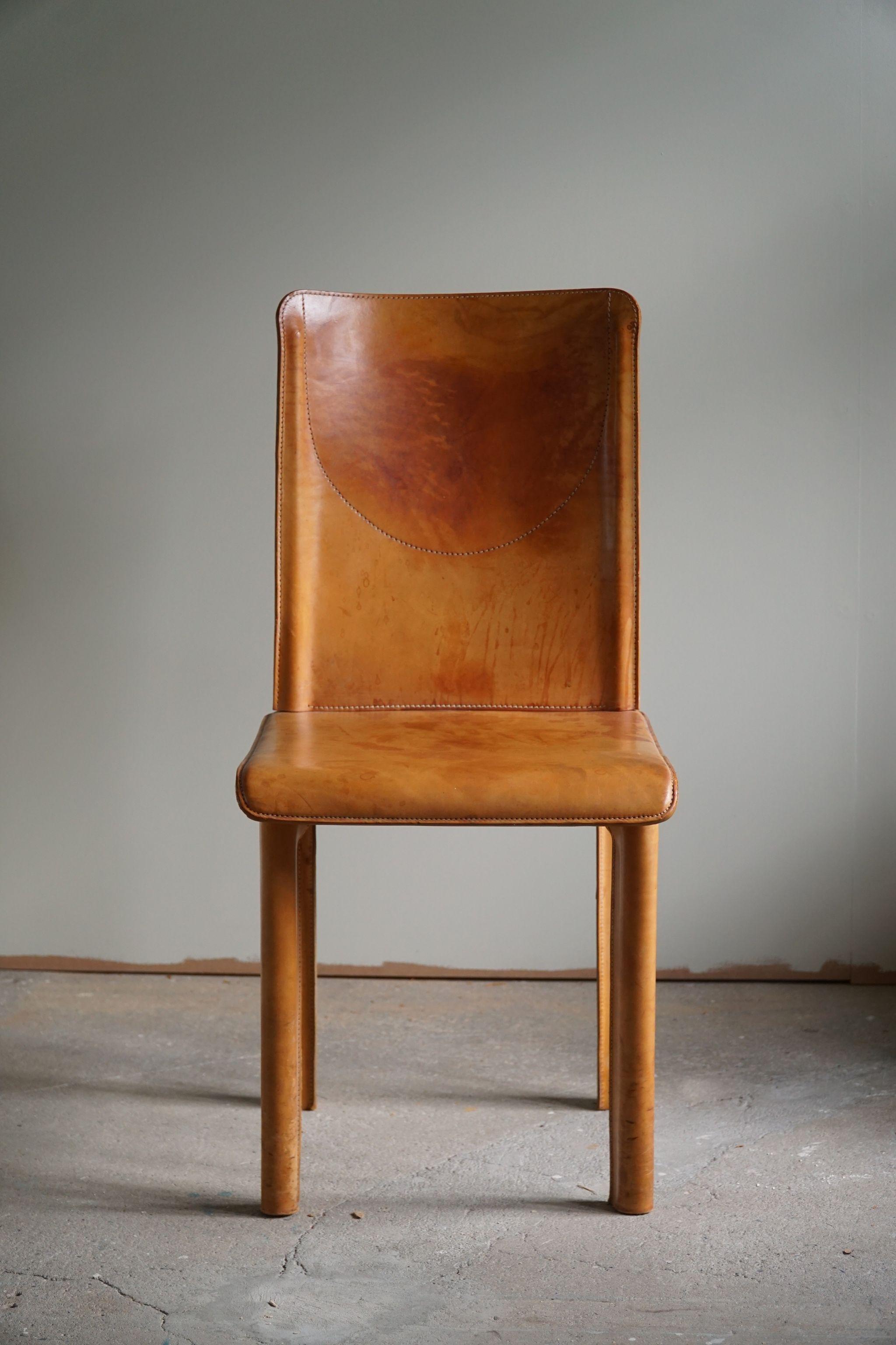 20th Century Italian Modern, Dining Chair in Patinated Cognac Leather, Mario Bellini, 1970s