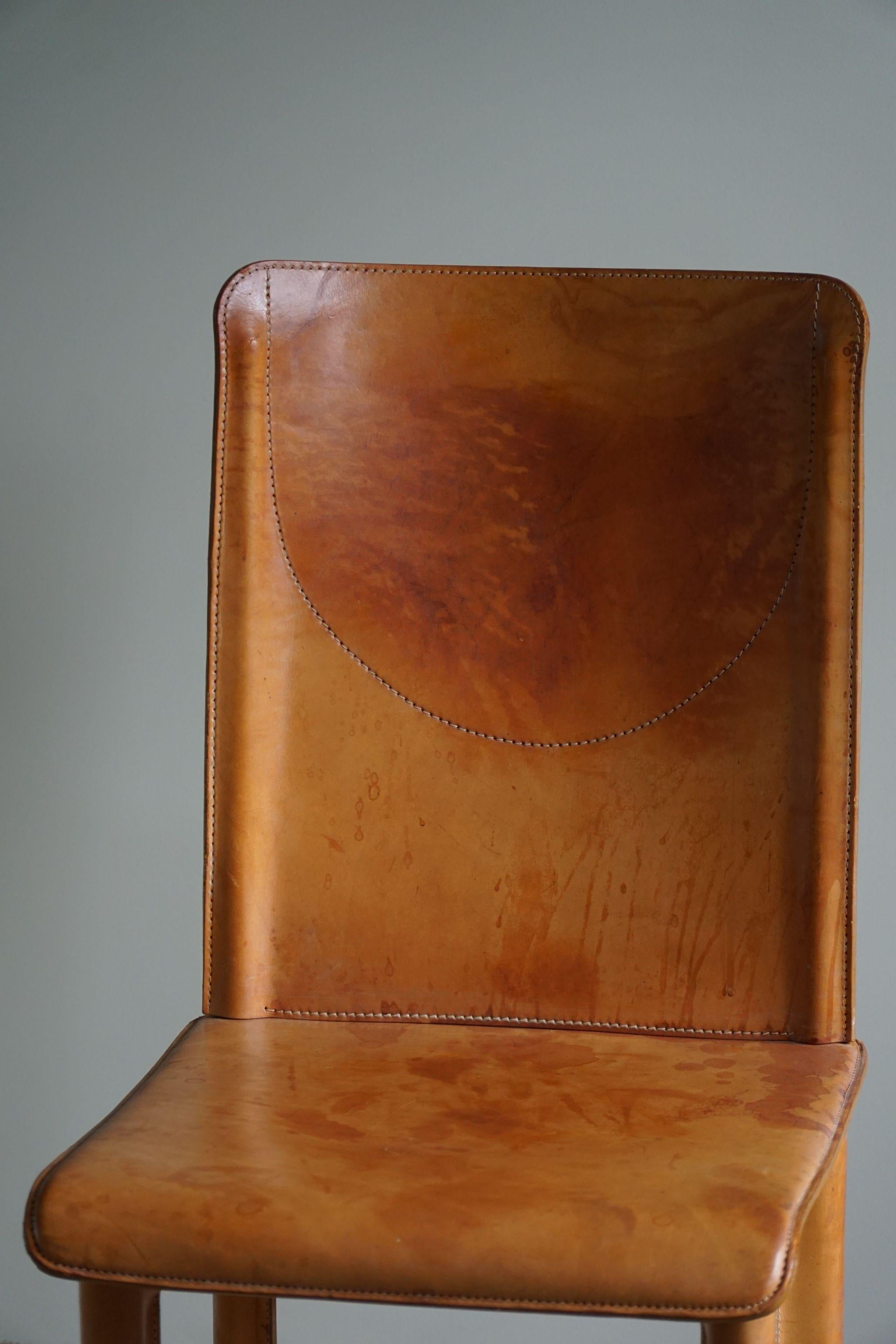 Steel Italian Modern, Dining Chair in Patinated Cognac Leather, Mario Bellini, 1970s