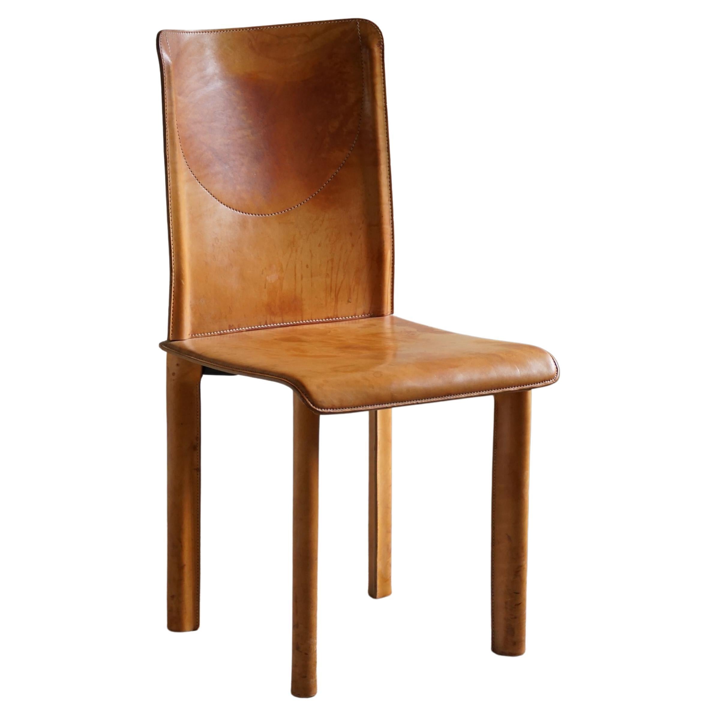 Italian Modern, Dining Chair in Patinated Cognac Leather, Mario Bellini