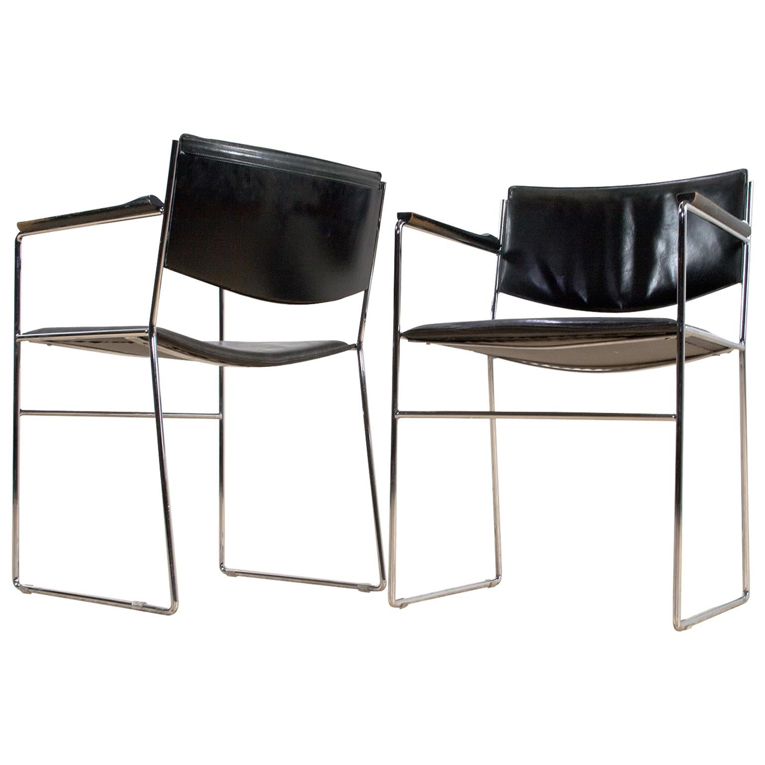 Italian Modern Dining Room Set in Black Leather and Chromed Steel, 1960s