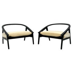 Vintage Italian Modern Ebonized Horseshoe Lounge Chairs in Buttercream Mohair, 1970s