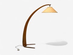 Italian Modern, Elmwood, Brass, Curved Floor Lamp, Italy, 1940s