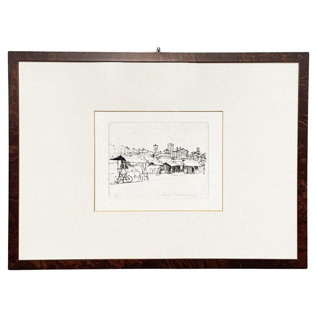 Italian Modern Engraving Print of Bologna Market by Paolo Manaresi, 1945 For Sale