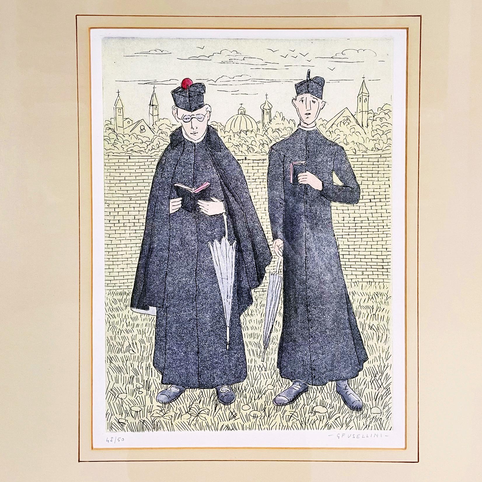 Italian modern Engraving print with color of two priests by Gianfilippo Usellini, 1900-1970s
Fantastic Colored print made with the technique of engraving on paper, representing two priests with the Bible in their hand in the garden and in the