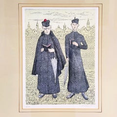 Italian Modern Engraving Print of Priests by Gianfilippo Usellini, 1900-1970s