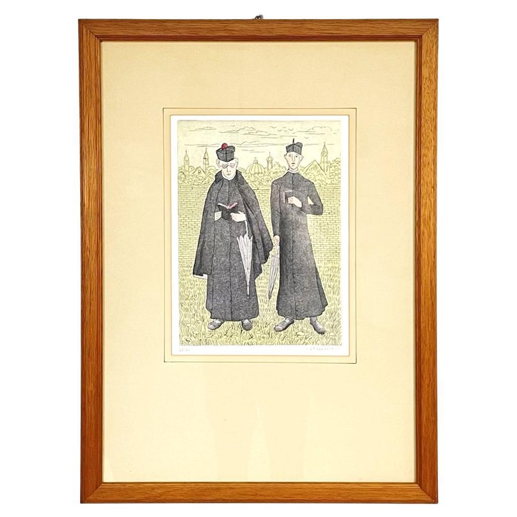 Italian Modern Engraving Print of Priests by Gianfilippo Usellini, 1900-1970s For Sale