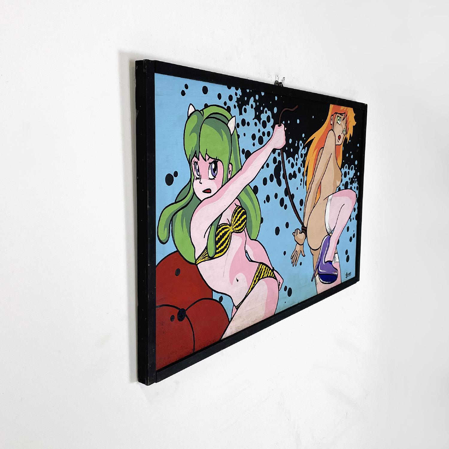Peinture de manga japonaise moderne et érotique de Gianni S99, années 1990
Peinture acrylique sur panneau à thème érotique, représentant des personnages emblématiques de la culture pop manga japonaise. La composition présente des couleurs vives et