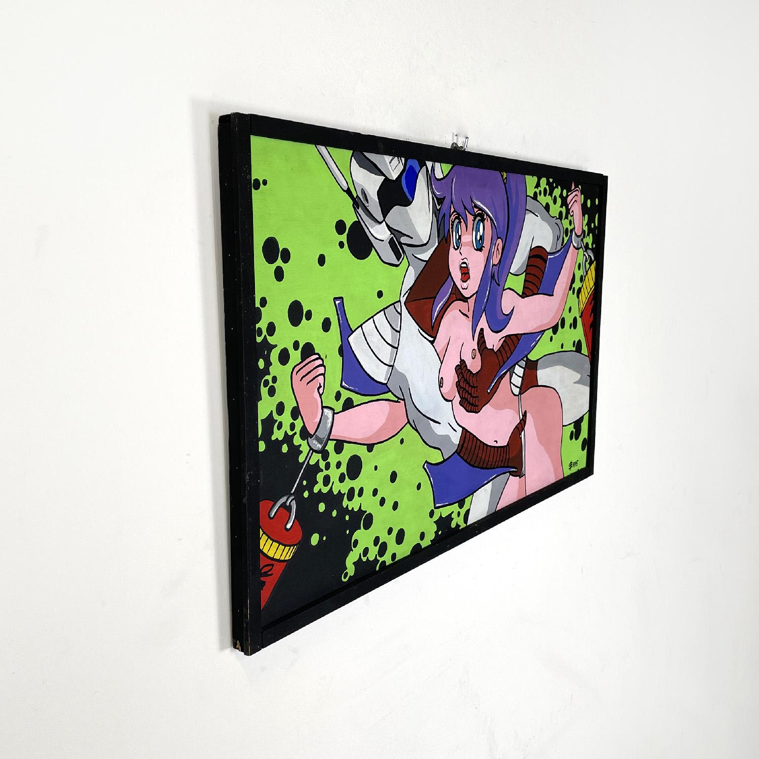Italian modern erotic Japanese manga painting by Gianni S99, 1990s
Acrylic painting on board with an erotic theme, representing iconic characters from Japanese manga pop culture. The composition features bright and bright colors: red, blue, green,