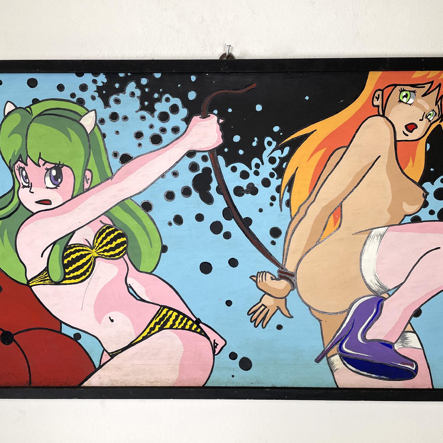 Wood Italian modern erotic Japanese manga painting by Gianni S99, 1990s For Sale