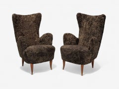 Italian Modern, Espresso Shearling, Walnut, Organic Lounge Chairs, Italy, 1950s