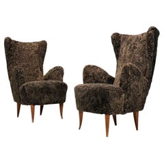 Italian Modern, Espresso Shearling, Walnut, Organic Lounge Chairs, Italy, 1950s