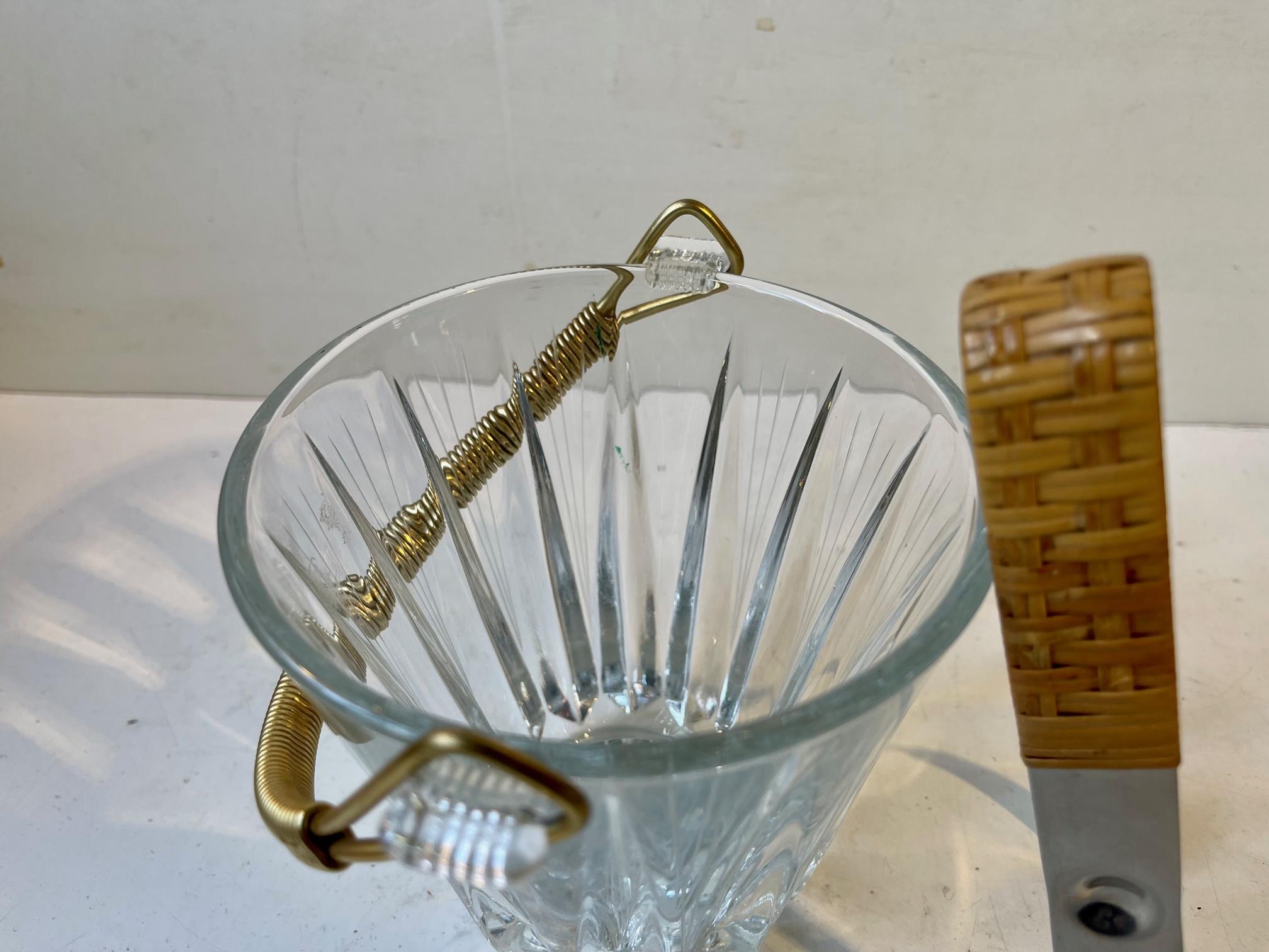 Cast Italian Modern Etched Crystal Ice Bucket with Rattan Tong For Sale