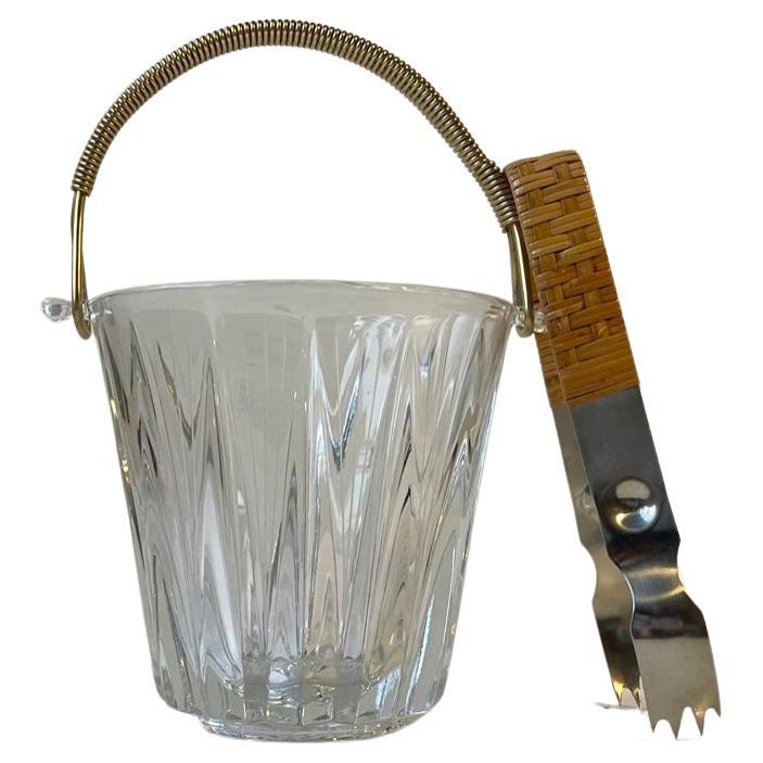 Italian Modern Etched Crystal Ice Bucket with Rattan Tong For Sale