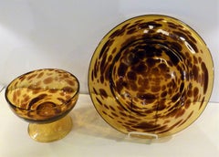 Italian Modern Faux Tortoise Shell Blown Glass Bowl and Large Platter, 1960s