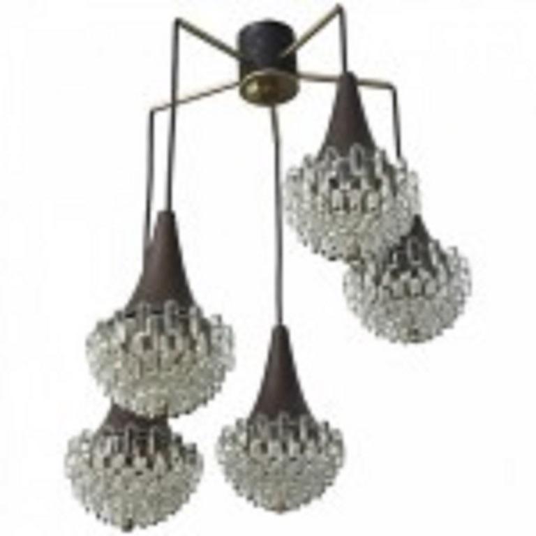 Mid-Century Modern Lustre moderne italien à cinq lumières en bronze et verre à la manière de Max Ingrand en vente