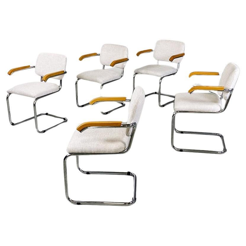 cinq chaises italiennes modernes de style Cesca en métal, hêtre et coton blanc, 1970