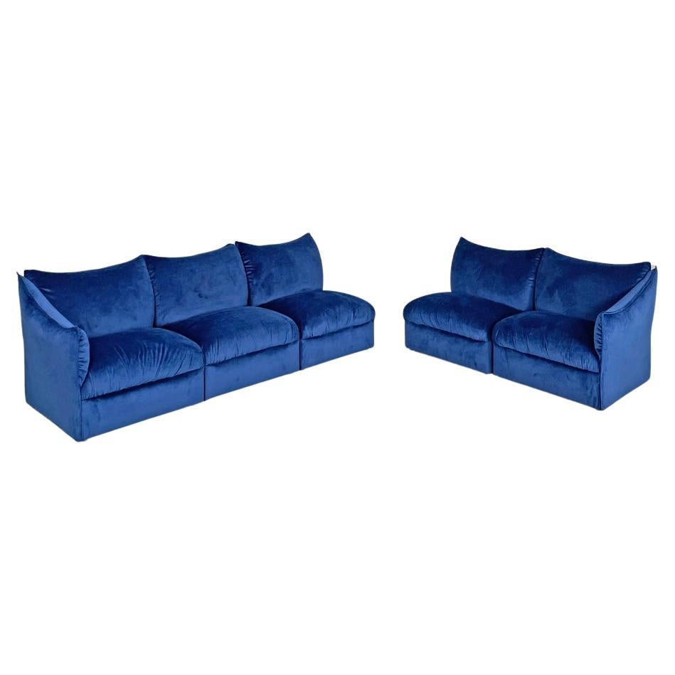 Italienisches modernes Sofa mit fünf Modulen aus blauem Samt, 1980er Jahre im Angebot