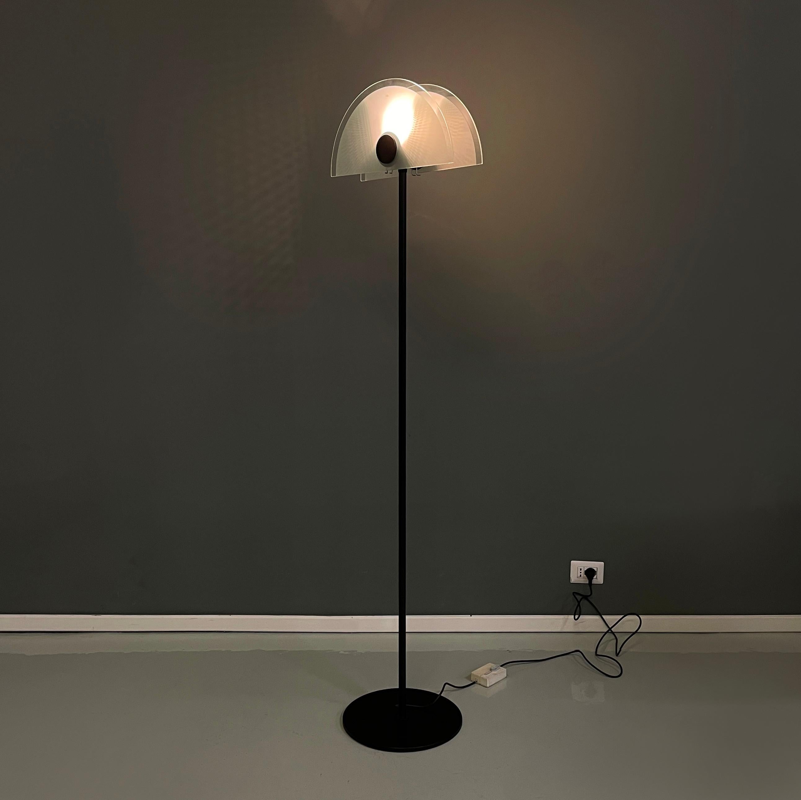 Floor lamp with half-moon lampshade in matt glass and black metal mesh. On the front of the lampshade there is a black metal round that allows you to hold the two glasses in place. The central structure is made of black metal rod. Round base in