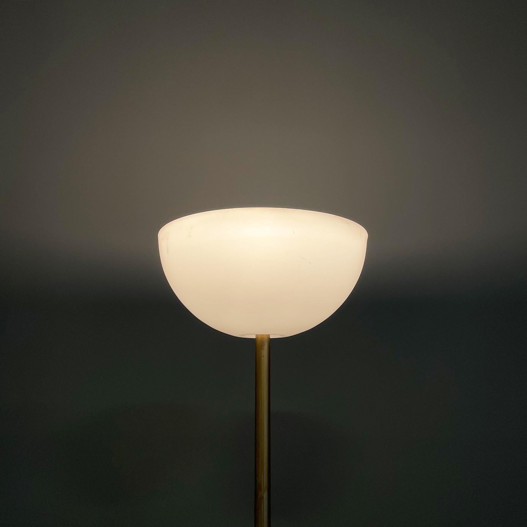Late 20th Century Italian Modern Floor lamp in opaline plexiglass, marble and golden metal, 1970s For Sale