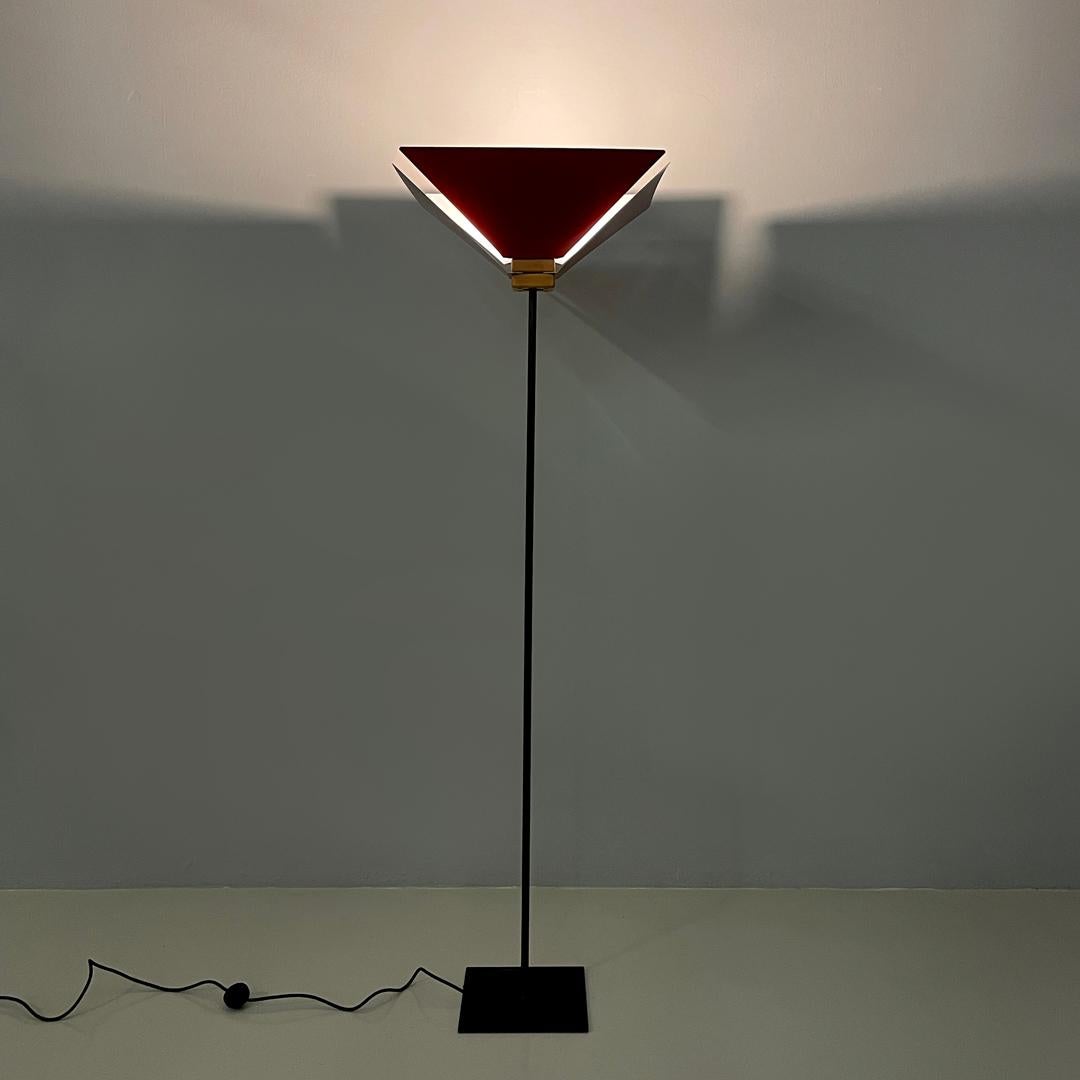 Italian modern floor lamp Kasuko in red metal by De Pas D’Urbino Lomazzi, 1970sFloor lamp mod. Kasuko with square base. The lampshade is composed of four metal plates painted red on the outside and white on the inside, which are arranged at two