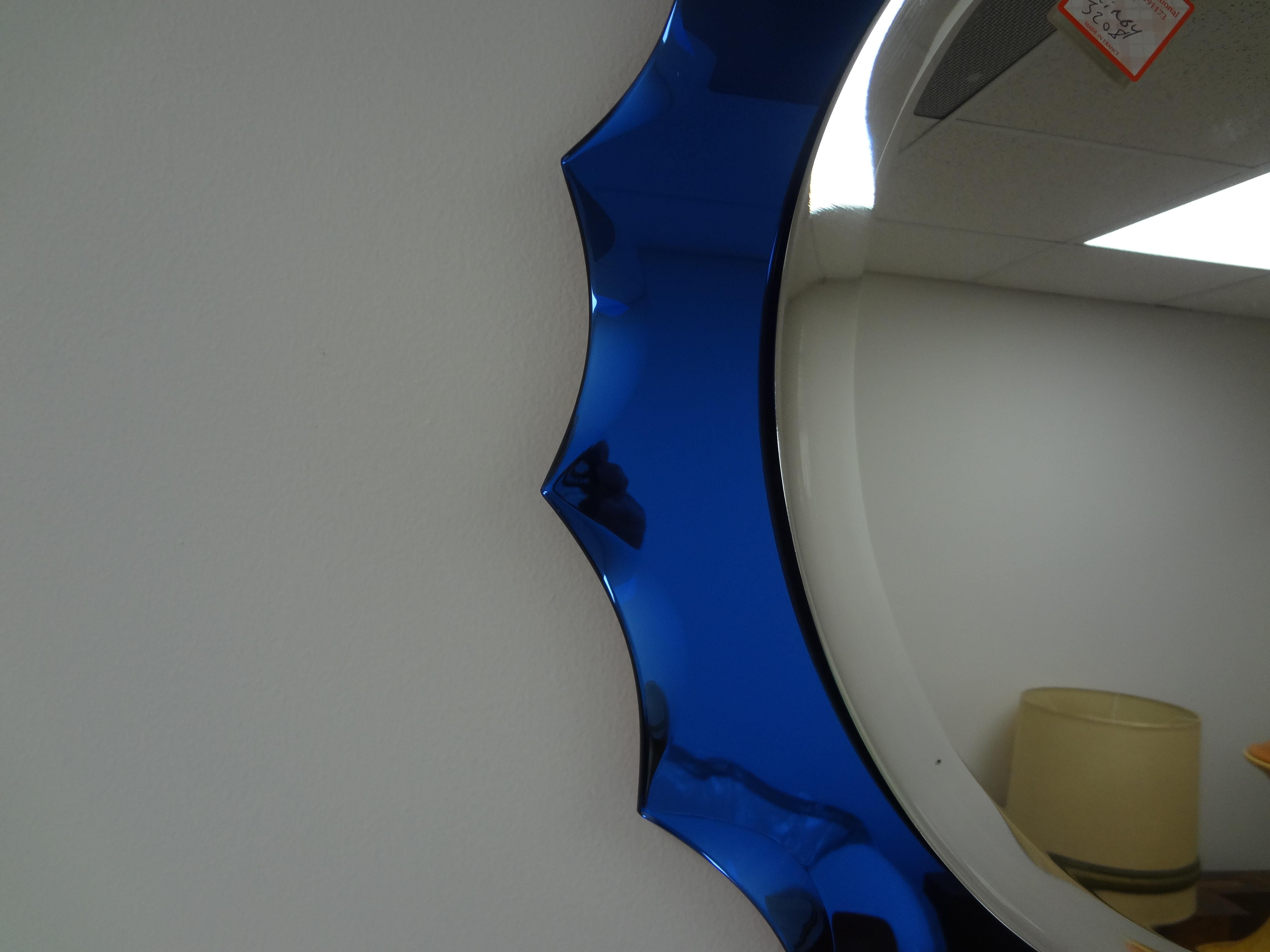 Mid-Century Modern Italian Modern Fontana Arte Inspired Blue Beveled Mirror For Sale