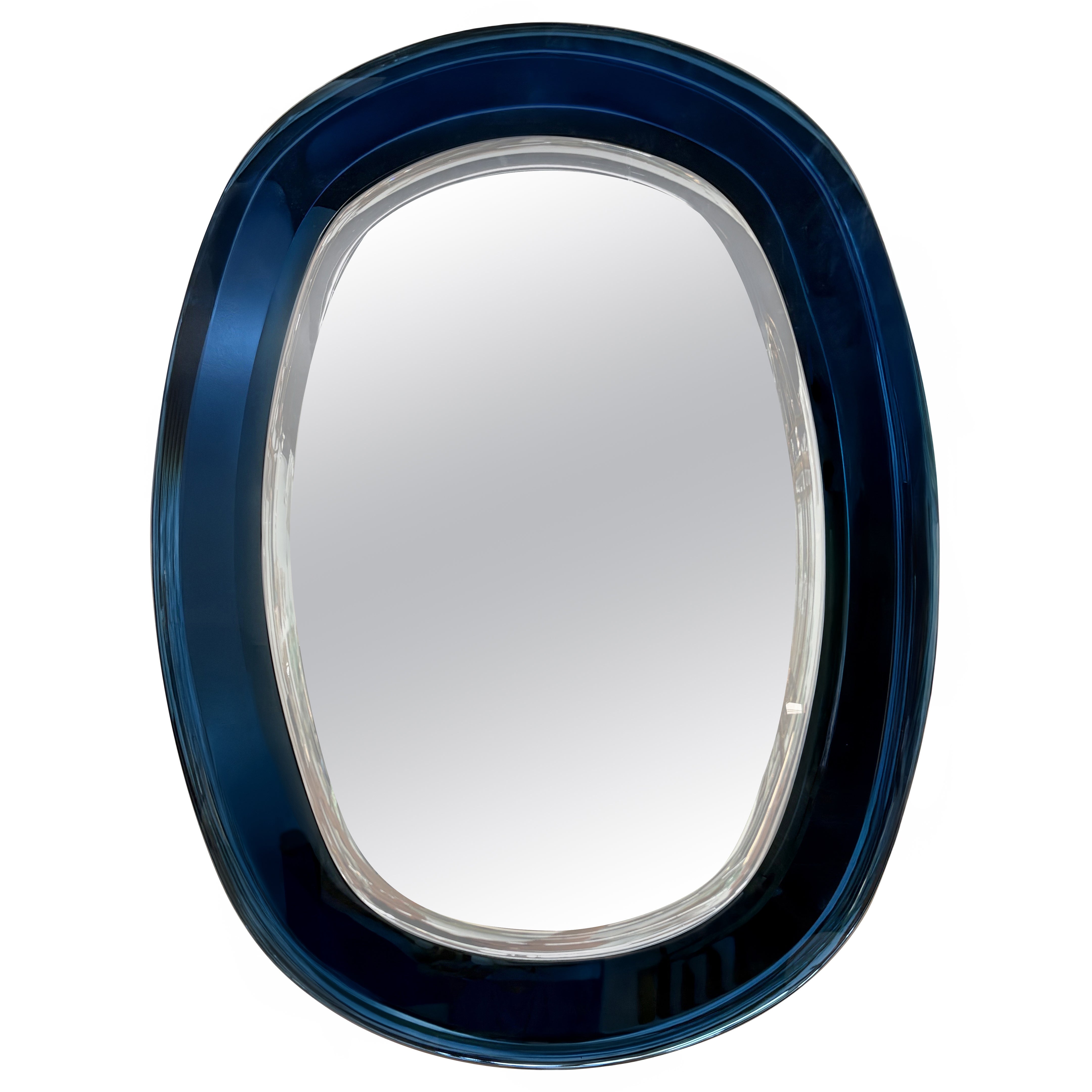 Italian Modern Fontana Arte Inspired Blue Beveled Mirror