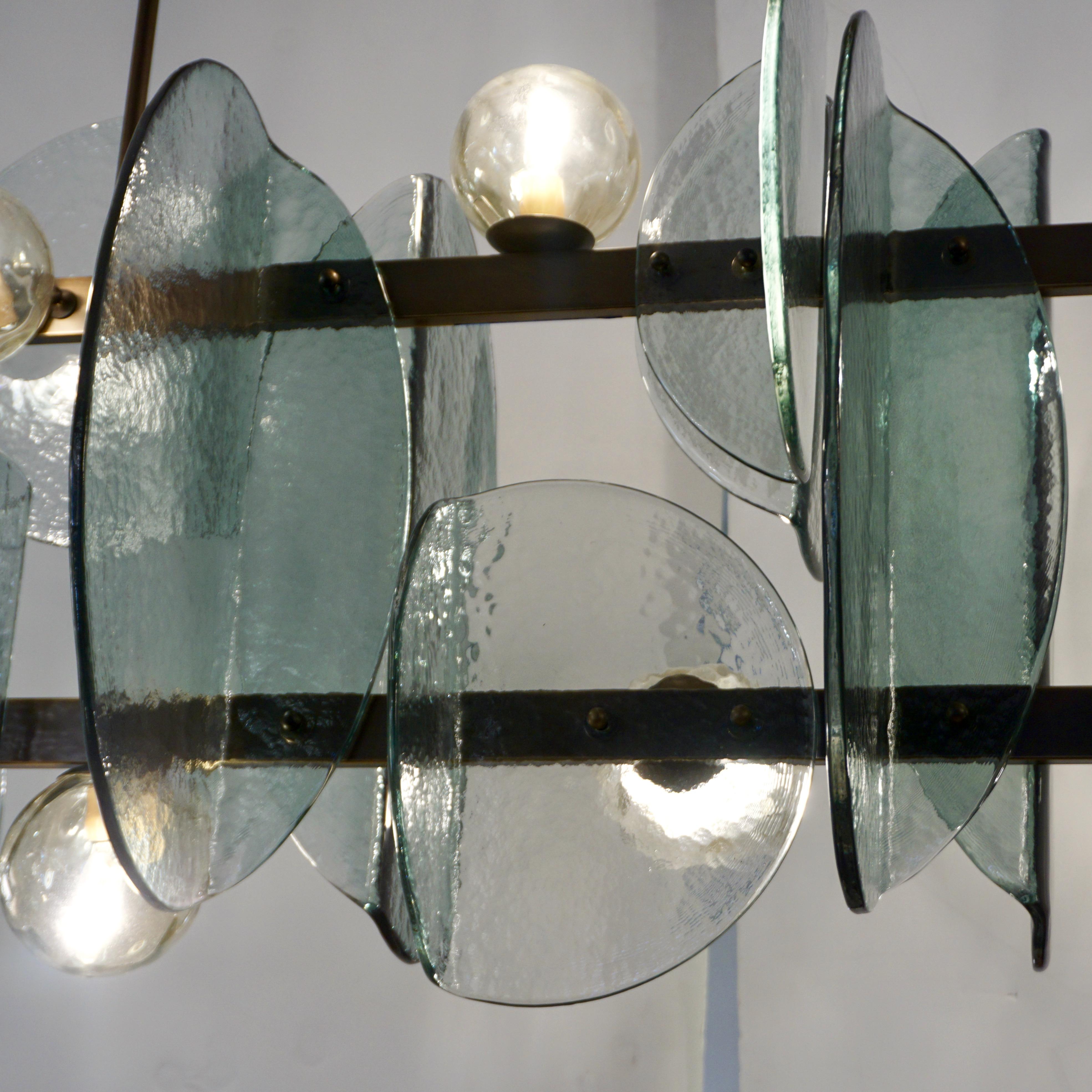 Italian Modern Fontana Arte Style Aqua Murano Glass Geometric Bronze Chandelier For Sale 4