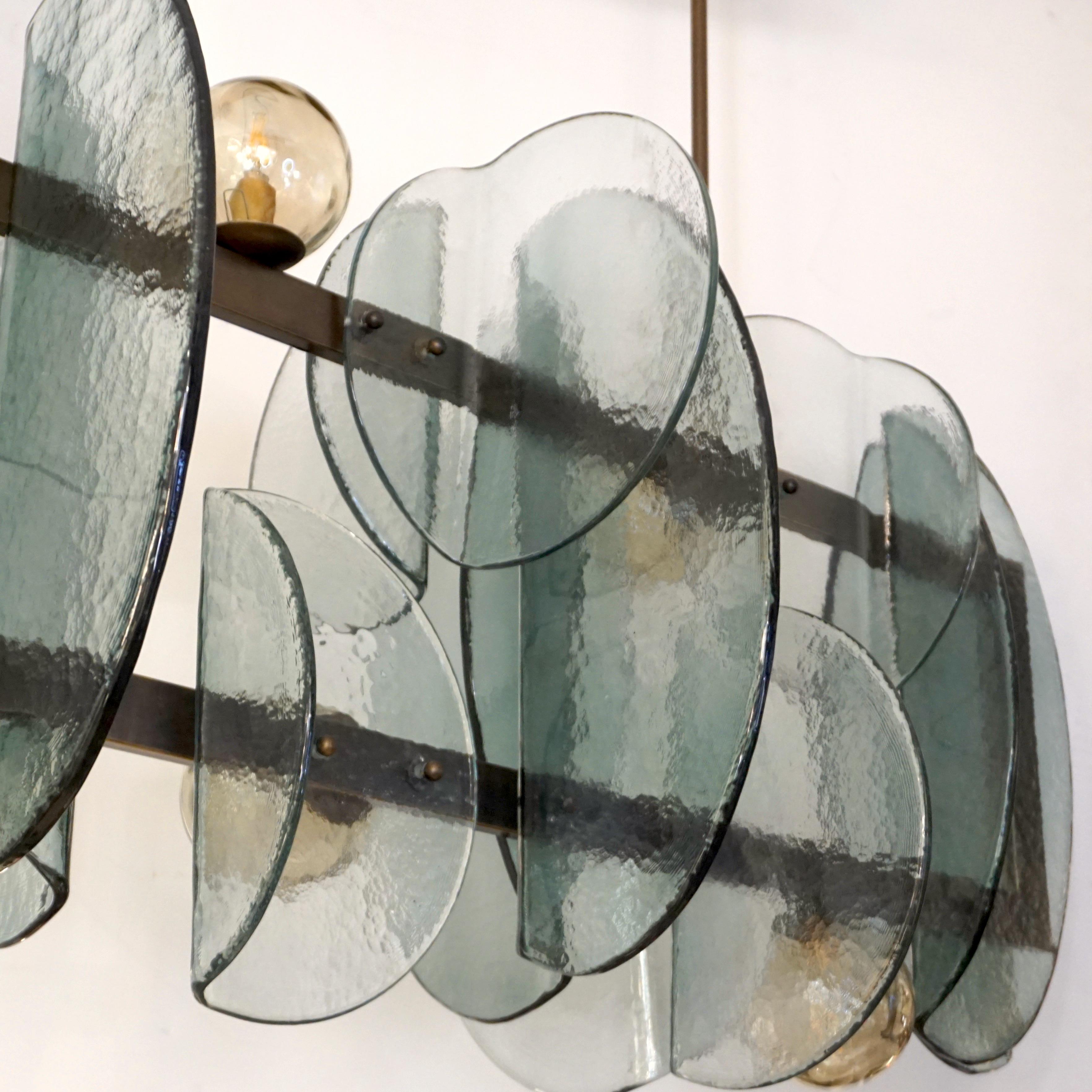 Italian Modern Fontana Arte Style Aqua Murano Glass Geometric Bronze Chandelier For Sale 5