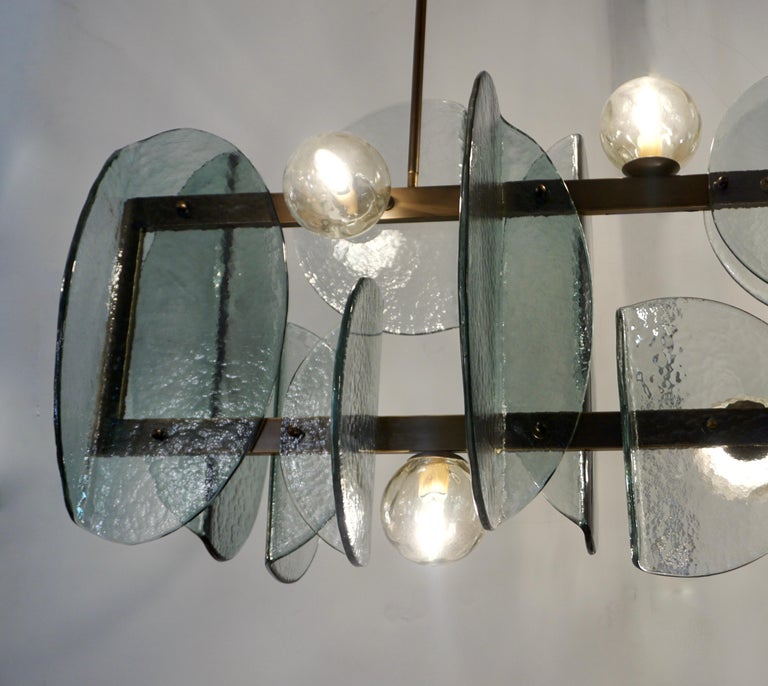 Organic Modern Italian Modern Fontana Arte Style Aqua Murano Glass Geometric Bronze Chandelier For Sale