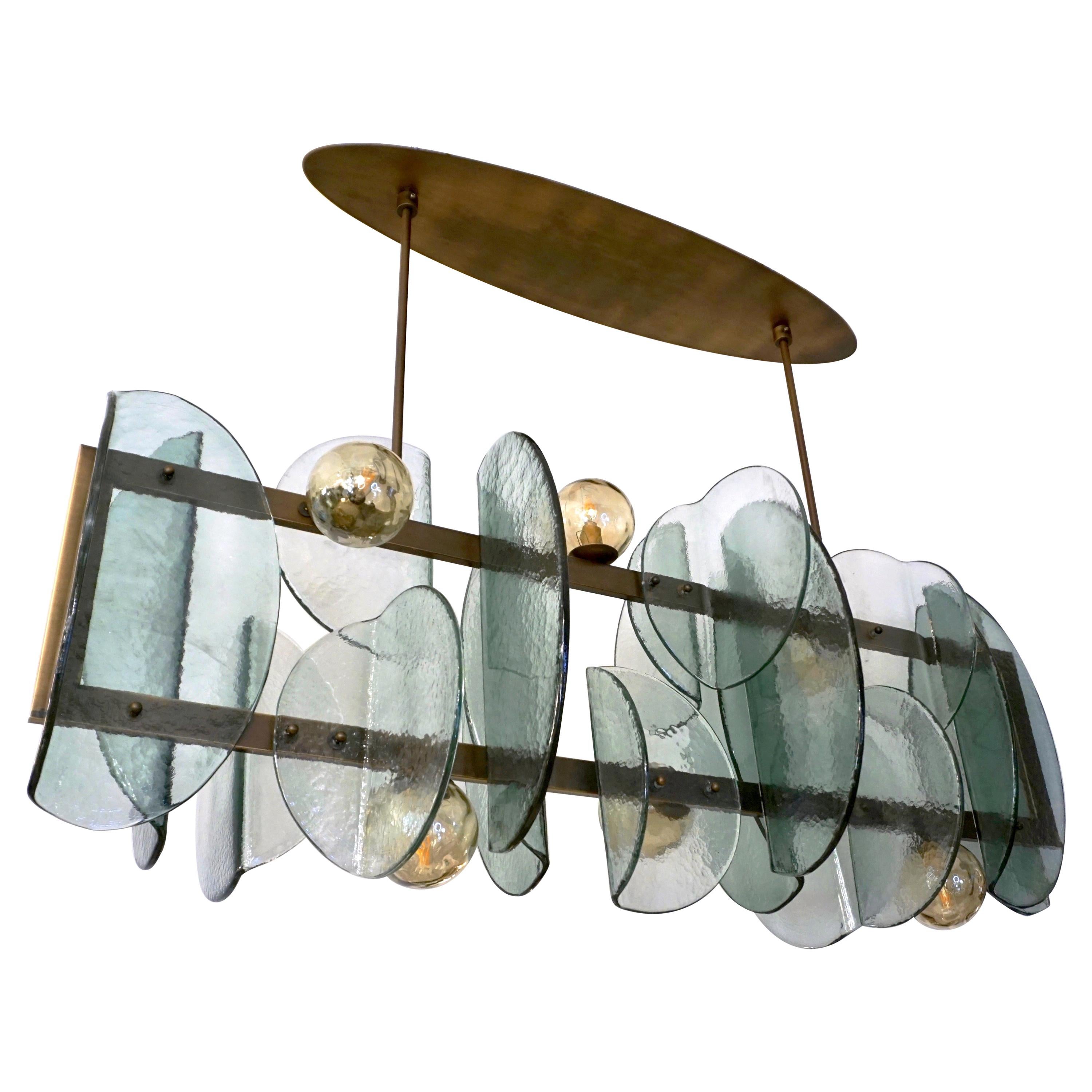 Lampadario italiano moderno in stile Fontana Arte, in vetro di Murano, geometrico e in bronzo