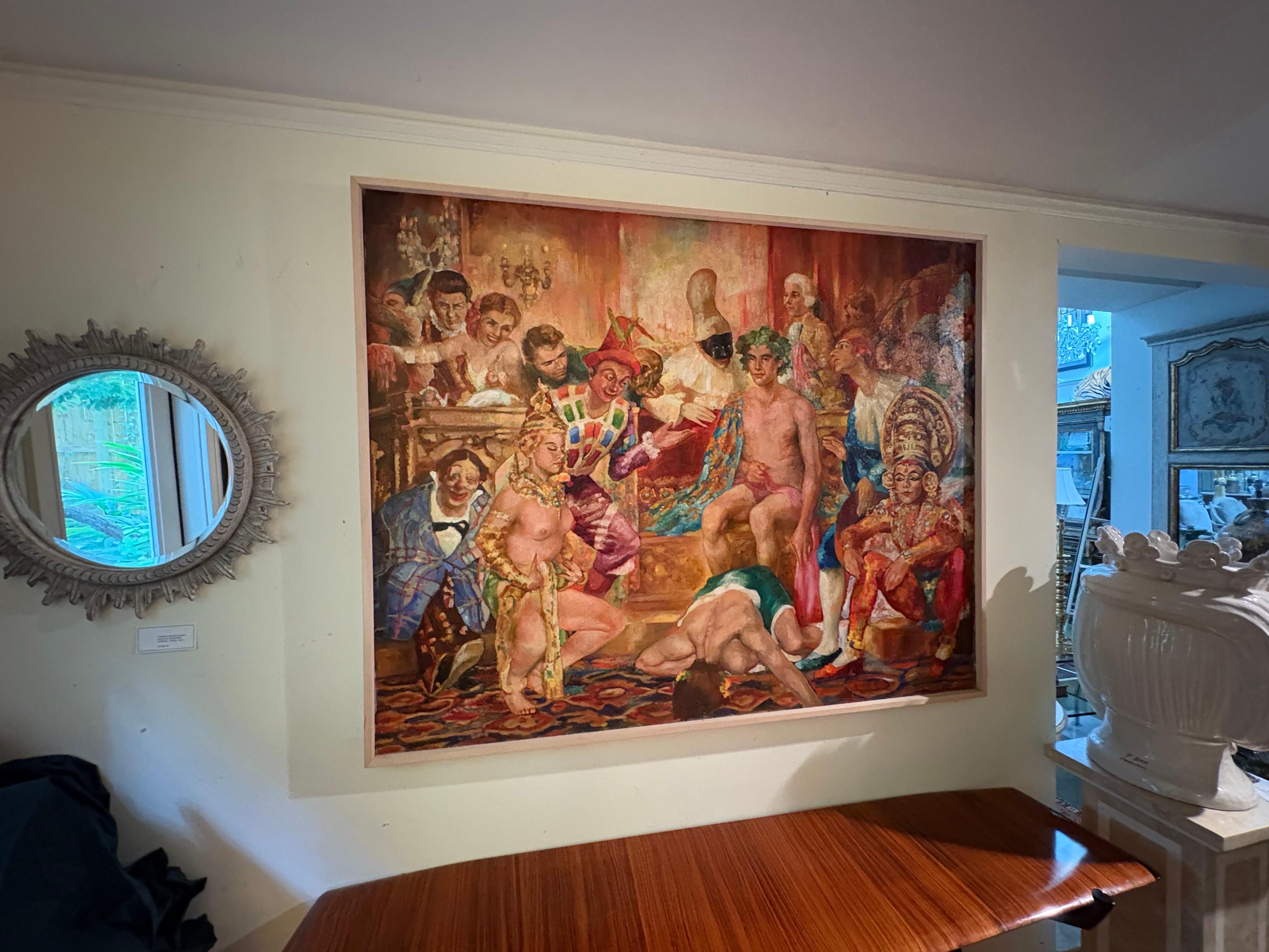 Olio su tela con cornice in stile italiano moderno.
Si tratta di uno splendido olio su tela di grandi dimensioni che raffigura un vivace gruppo di personaggi. Questo coloratissimo dipinto a olio sarà sicuramente l'oggetto di conversazione della