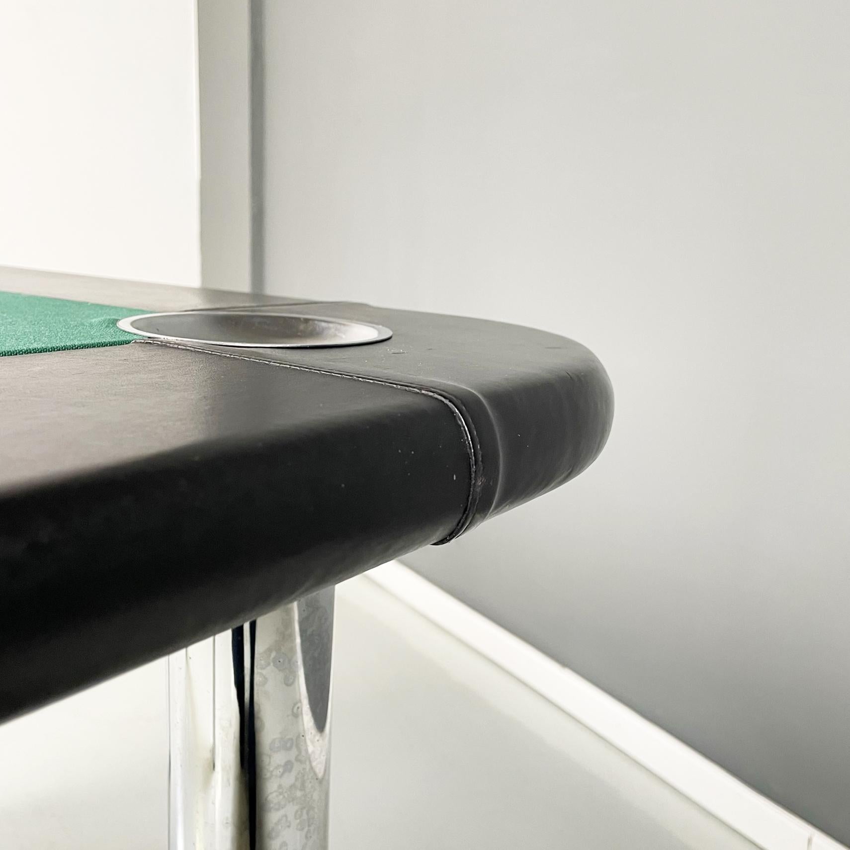 Table de jeu moderne italienne en tissu vert, cuir noir et acier chromé, années 1970 en vente 5