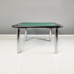 Italian Modern Game Table in Green Fabric Black Leather and Chromed Steel, 1970s