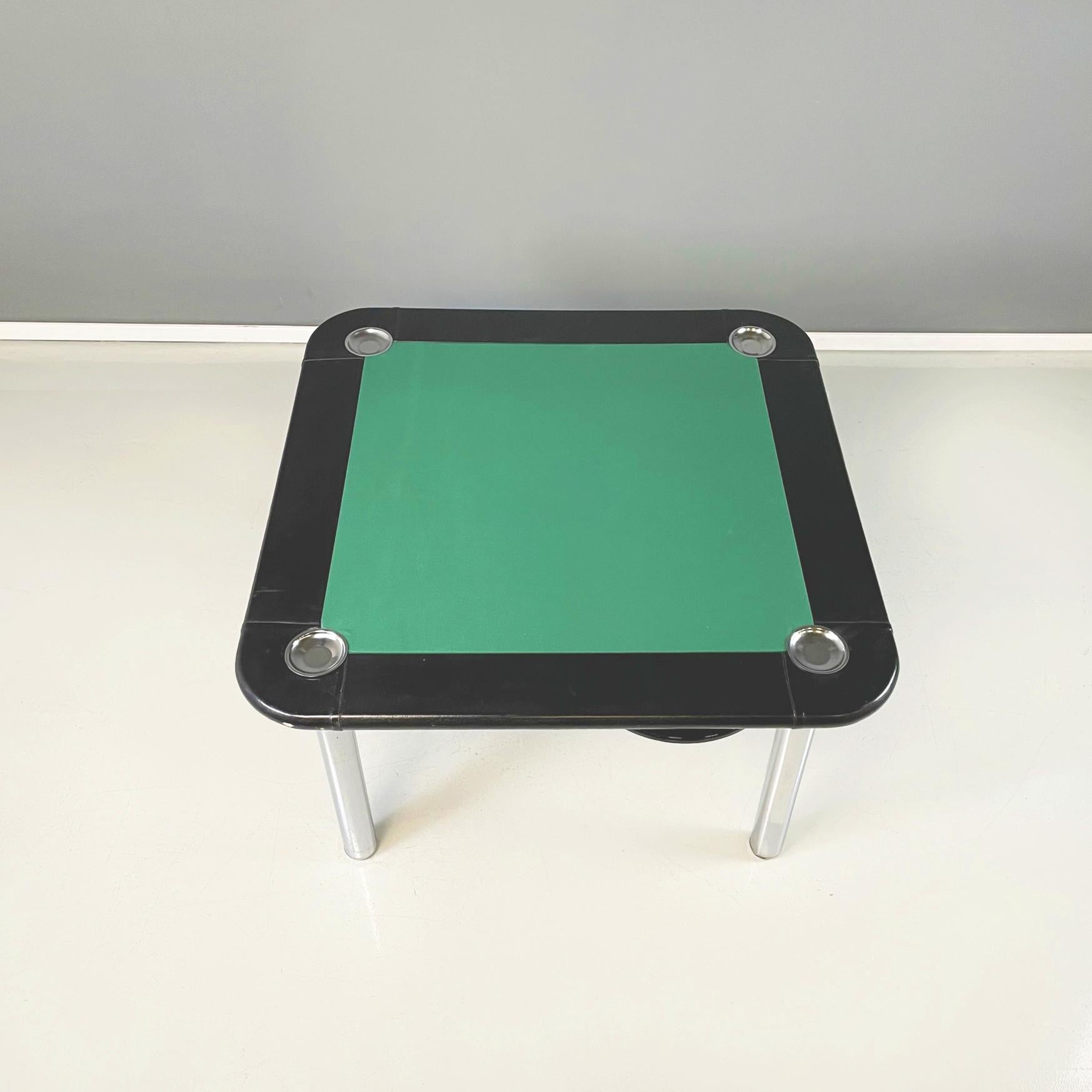 Italian Modern Game Table in Green Fabric Black Leather and Chromed Steel, 1970s In Good Condition For Sale In MIlano, IT