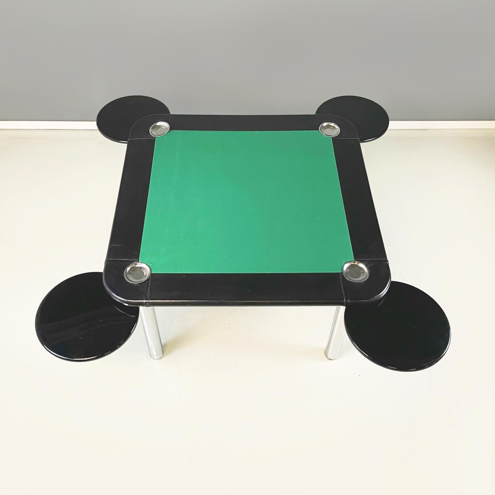 Late 20th Century Italian Modern Game Table in Green Fabric Black Leather and Chromed Steel, 1970s For Sale