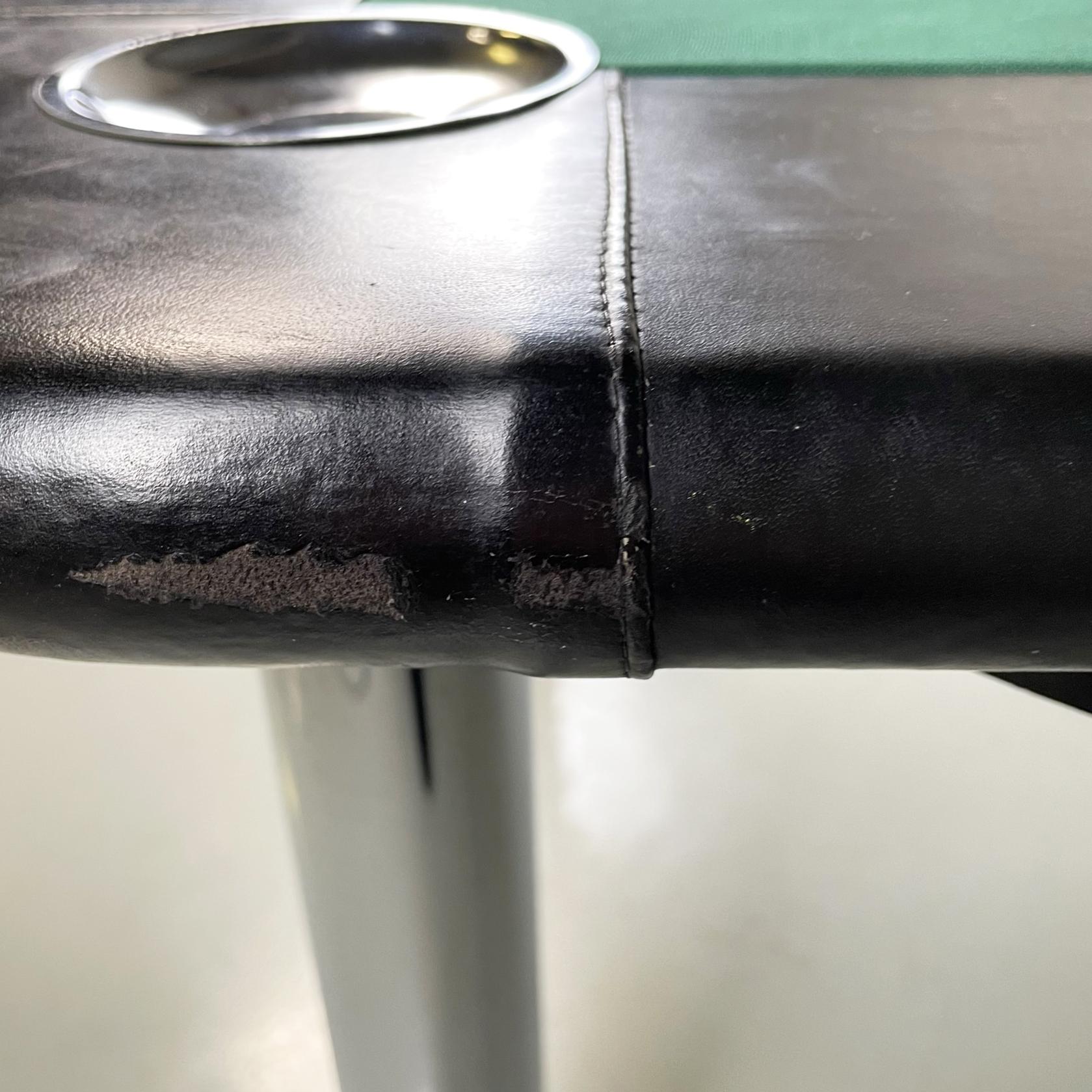 Table de jeu moderne italienne en tissu vert, cuir noir et acier chromé, années 1970 en vente 2