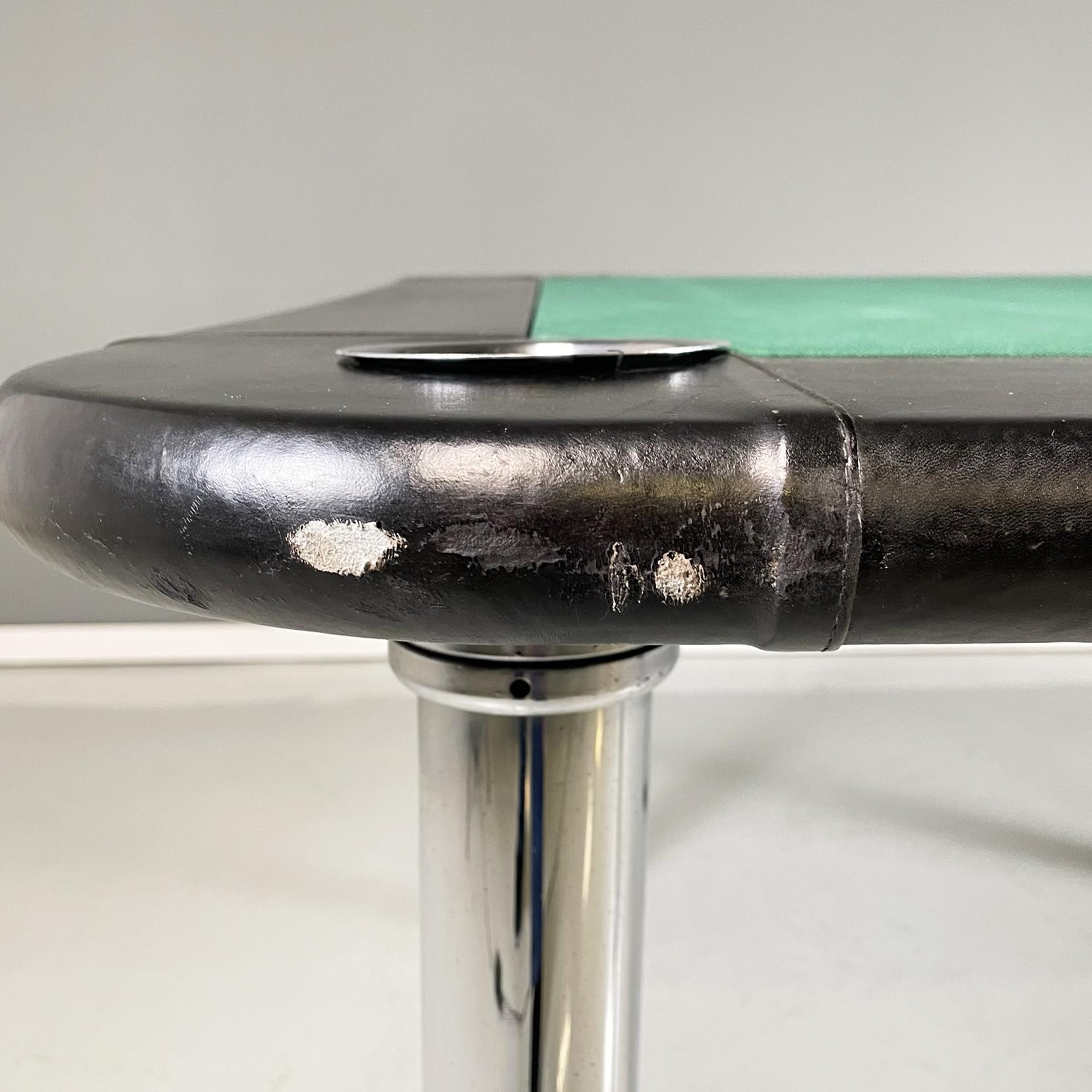Table de jeu moderne italienne en tissu vert, cuir noir et acier chromé, années 1970 en vente 3