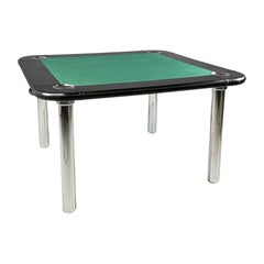 Mesa de Juego Moderna Italiana en Tela Verde Cuero Negro y Acero Cromado, Años 70
