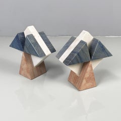 Italian modern geometric sculptures in white, blue and pink marble, 1980s