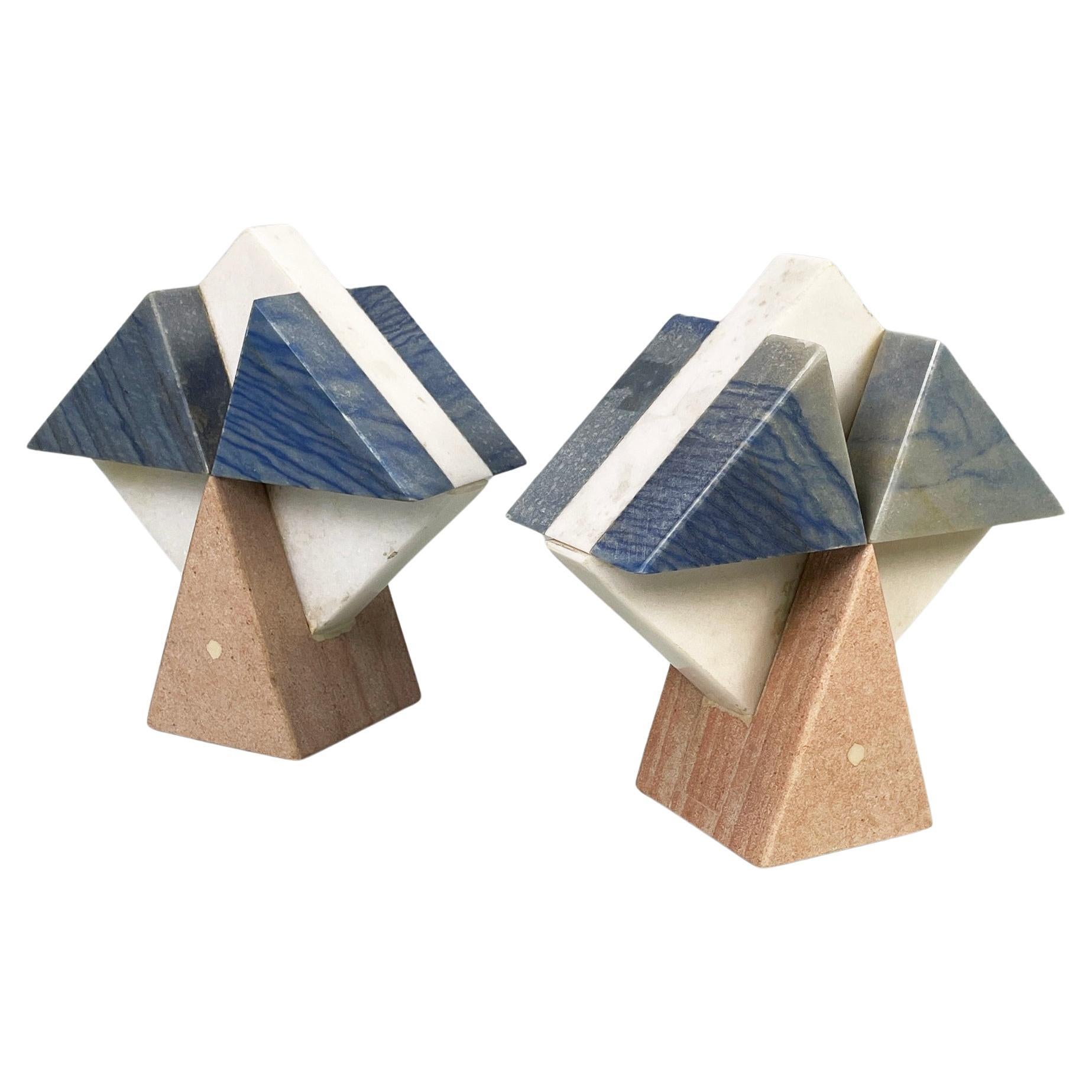 Italian modern geometric sculptures in white, blue and pink marble, 1980s